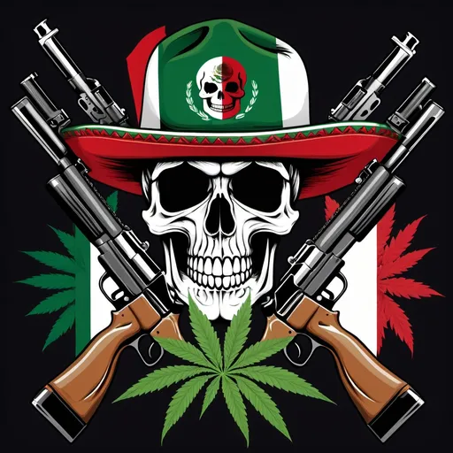 Prompt: Calavera con bandera de mexico. Rifle mariguana 

