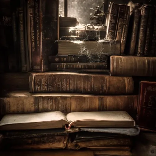 Prompt: Old books lying on a table with cobwebs, in eerie light 