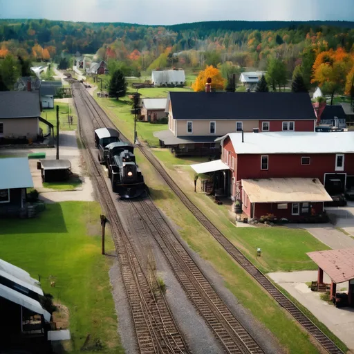 Prompt: Small farm town with a railroad running past it