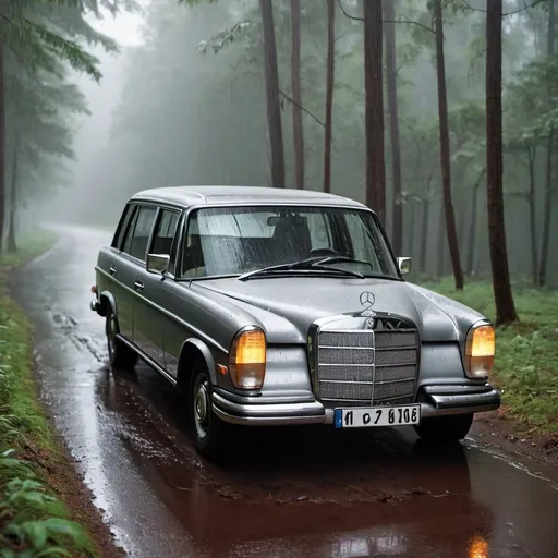 Prompt: Old Mercedes Benz car, grey color, heavy rain in forest, day time