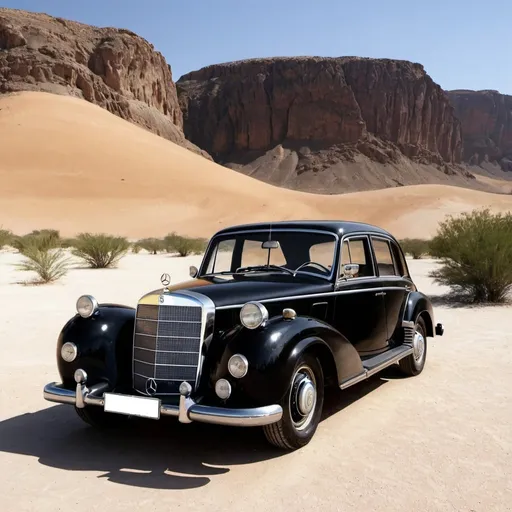 Prompt: Old Mercedes Benz car, black color, sun & desert, day time, see view