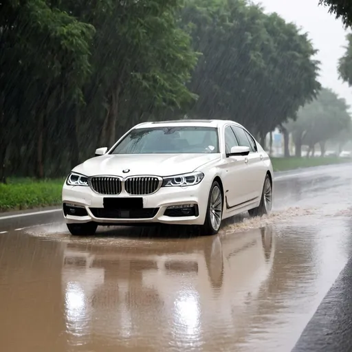 Prompt: BMW car,7 series, 2016 model, white color ,Bahrain plate no. 282347,heavy rain at forest, day time, river beside the street