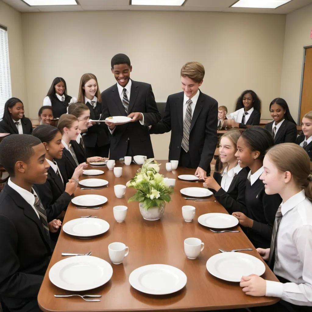 Prompt: Setting: A formal dining table set with proper dining  tableware, 
Students: A diverse group of high school students seated around the table  setting, engaged and attentive. semi-formal attire, showing respect for the learning environment.
Instructor: An adult, dressed in business attire, explaining  proper greeting etiquette
Body Language: Students showing positive engagement—smiling, nodding,  practicing what they are being taught.