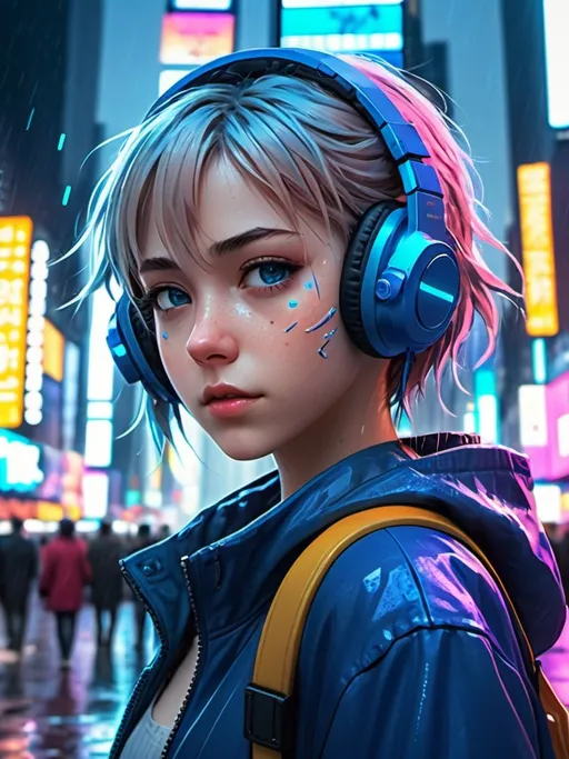 Prompt: Anime style art of a girl with blue colored headphones on her ears and a optical hardware on her left eye who is standing on the middle of cyberpunk times square while it rains