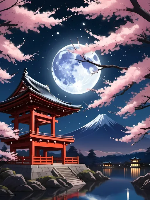 Prompt: anime style art of a starry night sky with a full huge moon while cherry blossoms bloom, the view is from a japanese shrine