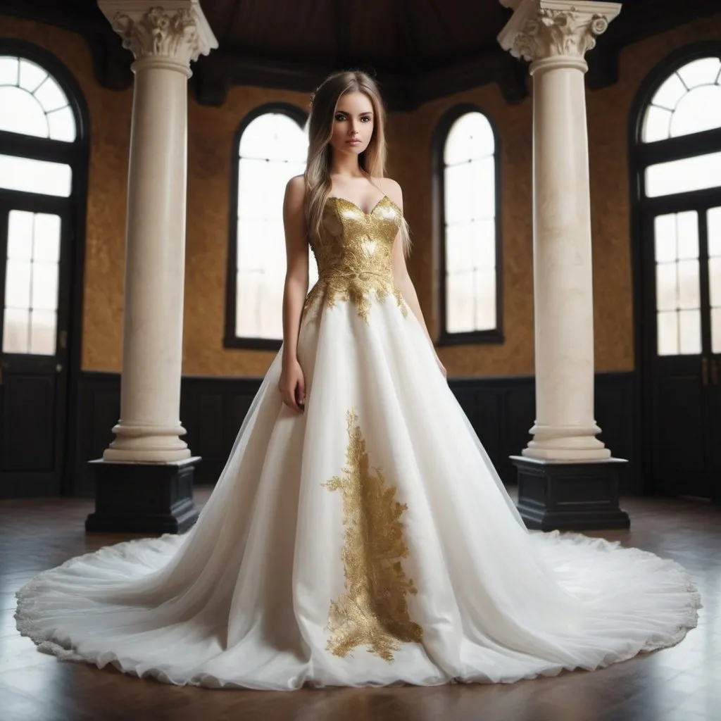 Prompt: Create an image of a beautiful real girl with a beautiful wedding dress and black hells,gold straight hair in a beautiful place





