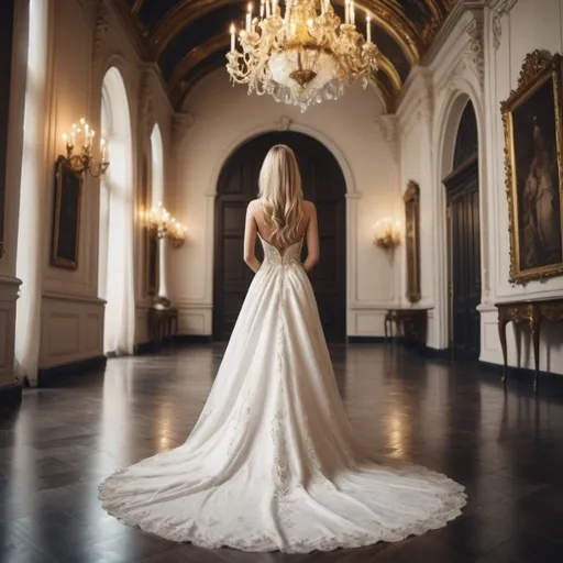 Prompt: Create an image of a beautiful real girl with a beautiful wedding dress and black hells,gold straight hair in a beautiful place





