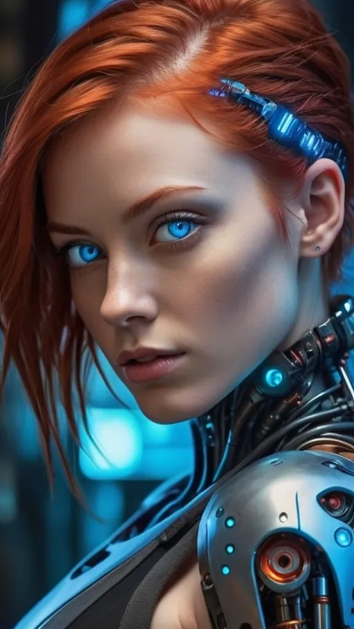 Prompt: High definition, realistic portrait of a woman with red hair and piercing blue eyes, futuristic cybernetic arm, sci-fi, digital painting, detailed features, vibrant red hair, glowing neon blue eyes, cybernetic arm with intricate details, professional quality, cyberpunk, futuristic, intense gaze, dramatic lighting