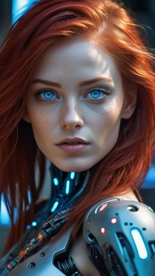 Prompt: High definition, realistic portrait of a woman with red hair and piercing blue eyes, futuristic cybernetic arm, sci-fi, digital painting, detailed features, vibrant red hair, glowing neon blue eyes, cybernetic arm with intricate details, professional quality, cyberpunk, futuristic, intense gaze, dramatic lighting