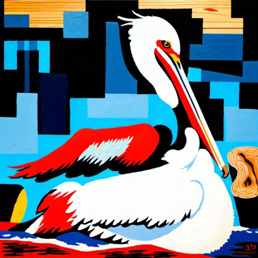 Prompt: a painting of a pelican sitting on a wood pileing in the water, naive art, impressionist painting, a pointillism painting