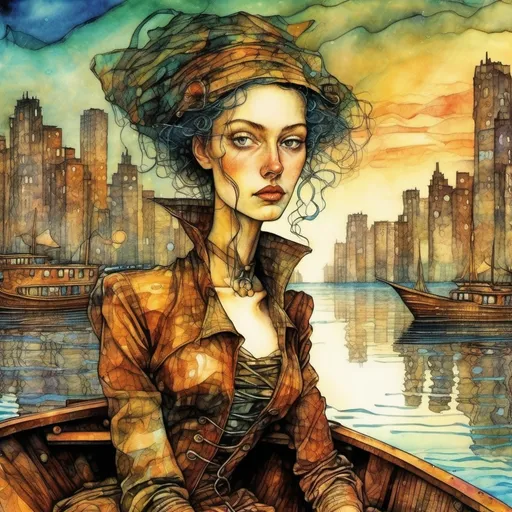 Prompt:  a beautiful woman on a boat on a lake in New York City,  Egon Schiele and Zdzisław Beksiński, Josephine Wall style illustration,
 watercolor, wet on wet,  shimmering, a futuristic steampunk city in the background, realistic image, detailed