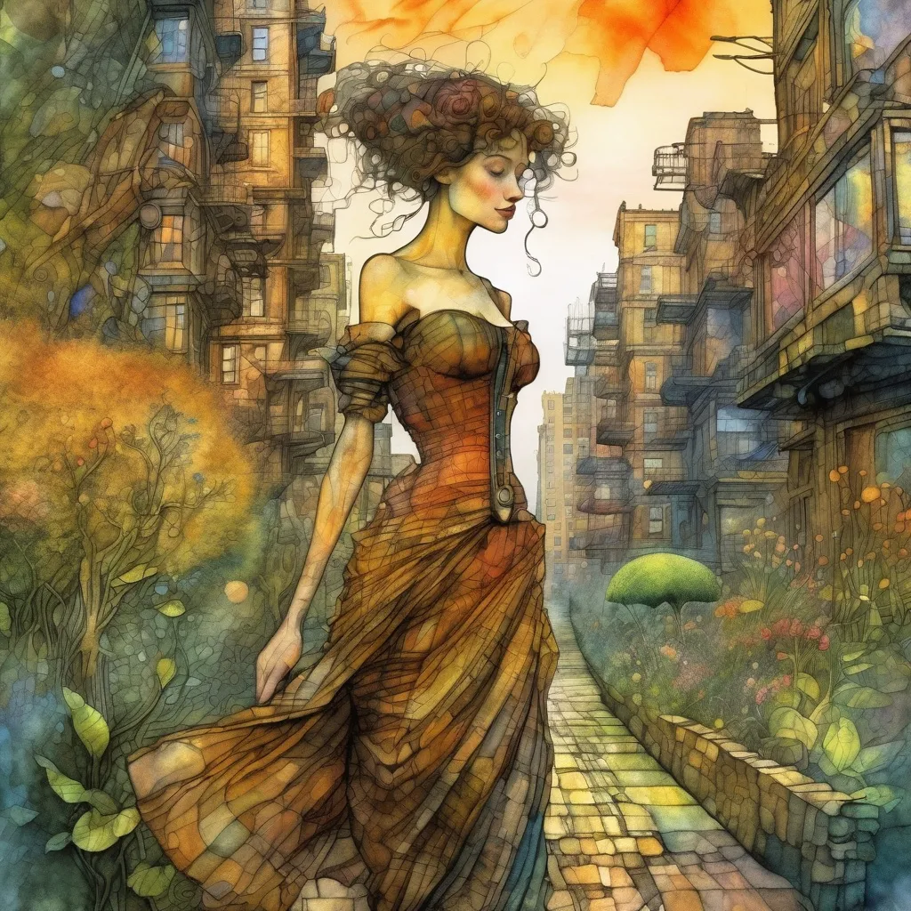 Prompt: A beautiful woman walking in a garden in New York City,  Egon Schiele and Zdzisław Beksiński , Josephine Wall style illustration,
 watercolor, wet on wet,  shimmering, a futuristic steampunk city in the background, realistic image, detailed