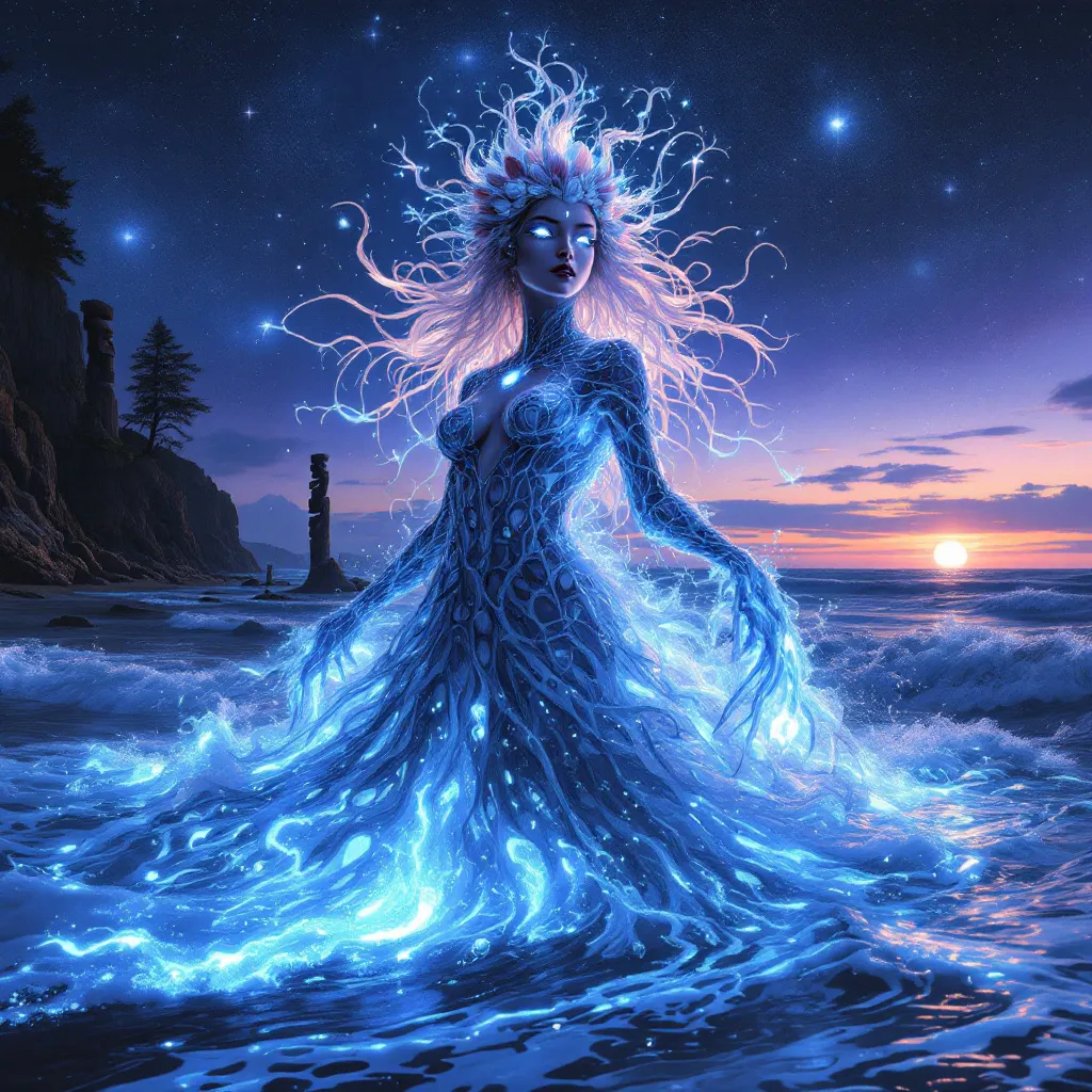 Prompt: 
A mystical, feminine spirit rises from the ocean at twilight, her body made of shimmering water and kelp, crowned with seashells and seafoam. Her eyes glow softly as she gazes toward the shore, protecting the Lafkenche people. Behind her, crashing waves glow with bioluminescence. On the shore, a line of driftwood totems stands like silent guardians. The sky is painted in indigo and deep violet hues, with stars reflecting in the waves.