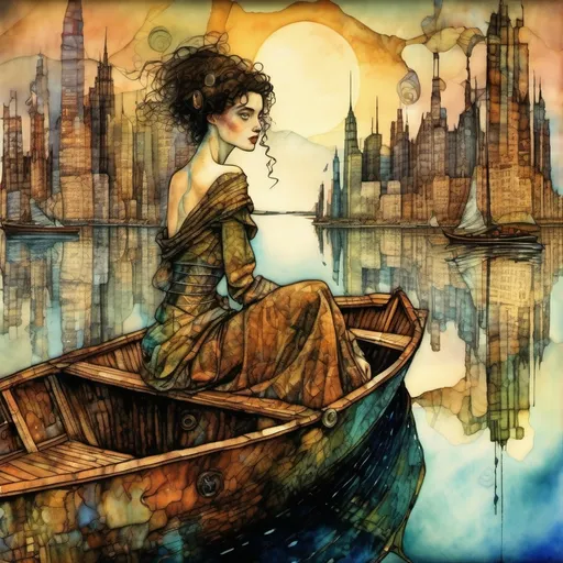 Prompt:  a beautiful woman on a boat on a lake in New York City,  Egon Schiele and Zdzisław Beksiński, Josephine Wall style illustration,
 watercolor, wet on wet,  shimmering, a futuristic steampunk city in the background, realistic image, detailed