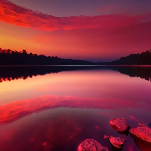 Prompt: The red and mist of twilight make,
Crimson shades upon the lake,
With no horizon to tell apart,
Where sky might end and water start