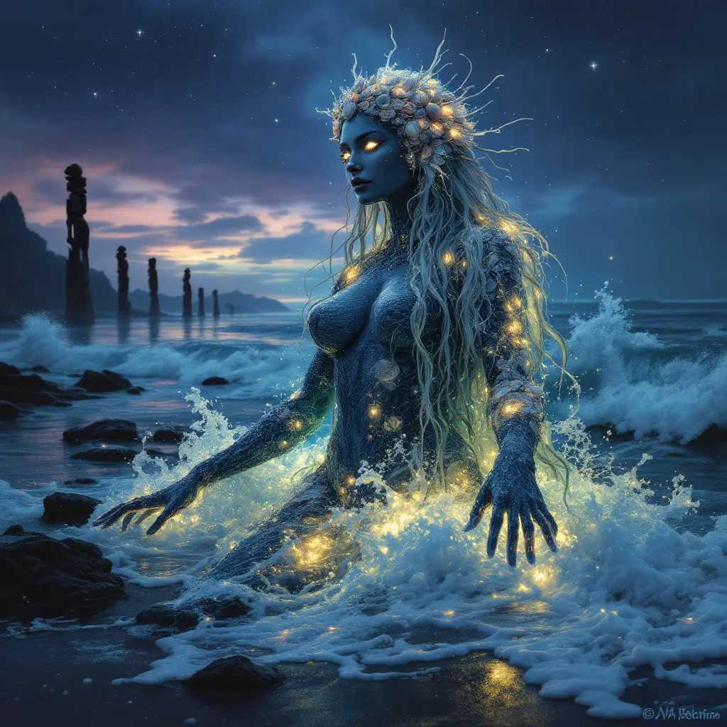Prompt: 
A mystical, feminine spirit rises from the ocean at twilight, her body made of shimmering water and kelp, crowned with seashells and seafoam. Her eyes glow softly as she gazes toward the shore, protecting the Lafkenche people. Behind her, crashing waves glow with bioluminescence. On the shore, a line of driftwood totems stands like silent guardians. The sky is painted in indigo and deep violet hues, with stars reflecting in the waves.