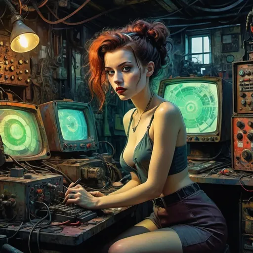 Prompt: (beautiful woman), (atompunk setting), watercolor, pin-up style, gloomy junkyard, scrapyard ambiance, multicolored neon circuitry glowing, dark atmosphere, laboratory scene, repairing a computer system, intricate details, inspired by Egon Schiele and Zdzisław Beksiński, ultra-detailed, vibrant colors, dramatic shadows, mysterious vibe, deep contrasts, surreal and captivating.