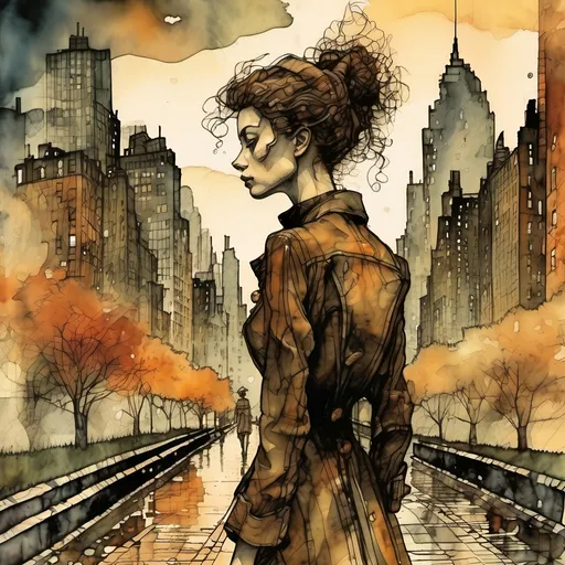 Prompt:  A beautiful woman walking in a garden in New York City,  Egon Schiele and Zdzisław Beksiński style illustration,
 watercolor, wet on wet,  shimmering, a futuristic steampunk city in the background, realistic image, detailed