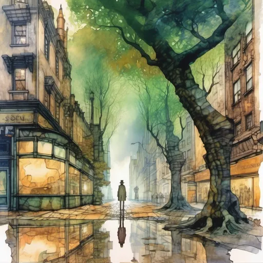 Prompt:  a Fantasy forest with a cobblestone street, storefront, in New York City,  Egon Schiele and Zdzisław Beksiński style illustration,
 A person standing under a tree centered, watercolor, wet on wet,  shimmering, a futuristic steampunk city in the background, realistic image, detailed