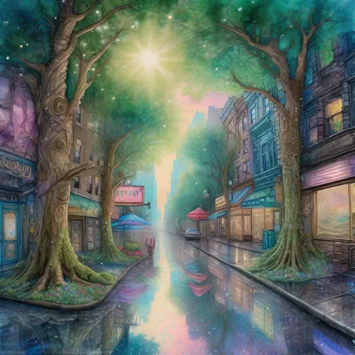 Prompt: Fantasy Forest trees, Watercolor, steampunk, New York City street,  near death experience, buildings,  trees, tall trees along street, storefront, wet on wet , sunrise, petals rain, watercolor , New York City,  art by Daniel Merriam, Josephine Wall, Jeremy Lipkin,  Alayna Danner, holographic reflection, glossy, shimmering, cinematic smooth, super clear resolution,  intricate, highly detailed, crispy quality, dynamic lighting, hyperdetailed and realistic, fantastic view