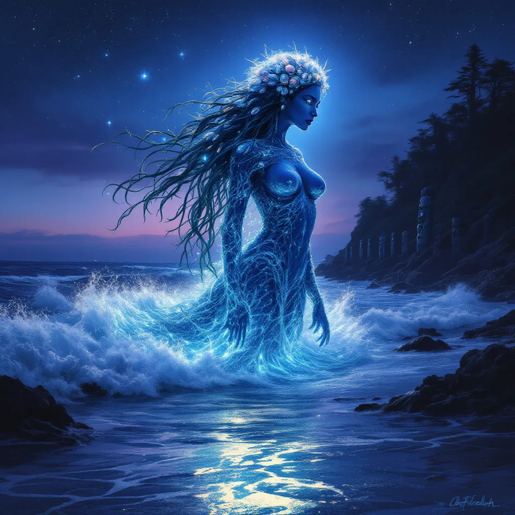 Prompt: 
A mystical, feminine spirit rises from the ocean at twilight, her body made of shimmering water and kelp, crowned with seashells and seafoam. Her eyes glow softly as she gazes toward the shore, protecting the Lafkenche people. Behind her, crashing waves glow with bioluminescence. On the shore, a line of driftwood totems stands like silent guardians. The sky is painted in indigo and deep violet hues, with stars reflecting in the waves.