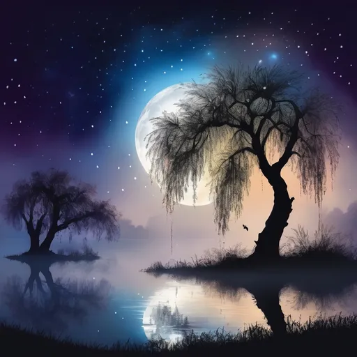 Prompt: A silhouette of a weeping willow tree in front of a magnificent bright moon with a starry sky in a celestial realm, misty, cosmic, gentle lighting , Shimmering , wet on wet, raindrops, butterflies, fairies, mushrooms