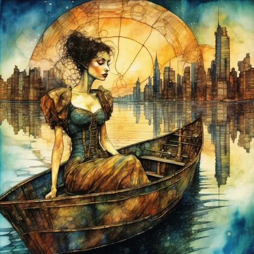 Prompt:  a beautiful woman on a boat on a lake in New York City,  Egon Schiele and Zdzisław Beksiński, Josephine Wall style illustration,
 watercolor, wet on wet,  shimmering, a futuristic steampunk city in the background, realistic image, detailed