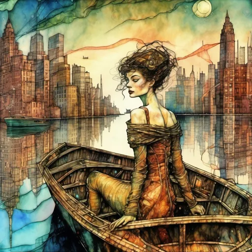 Prompt:  a beautiful woman on a boat on a lake in New York City,  Egon Schiele and Zdzisław Beksiński, Josephine Wall style illustration,
 watercolor, wet on wet,  shimmering, a futuristic steampunk city in the background, realistic image, detailed