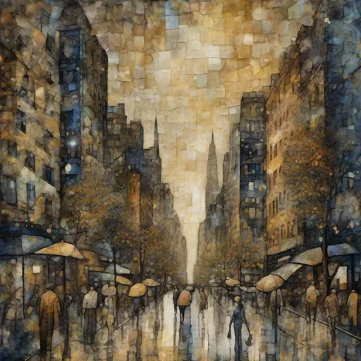 Prompt: Busy city street in New York City, people walking in ochre and hydrangeas, looking skyward in wonder, nostalgia, battery corrosion, starry sky, garden, Mercury Glass patina, topographic lines, Art Brut, moody, somber, desaturated colors, in the style of Paul Klee, Arthur Rackham, Leonid Afremov