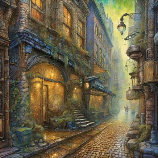 Prompt: A steampunk city storefront in New York City with a cobblestone street surrounded by a Fantasy forest , Josephine Wall and Zdzisław Beksiński style illustration,
wet on wet, morning sunlight, shimmering, a futuristic  