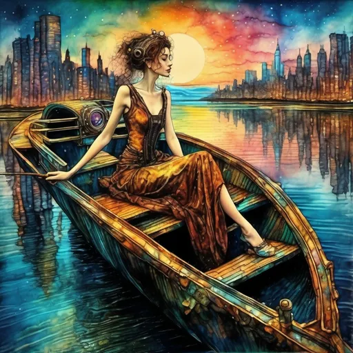 Prompt:  a beautiful woman on a boat on a lake in New York City,  Egon Schiele and Zdzisław Beksiński, Josephine Wall style illustration,
 watercolor, wet on wet,  shimmering, a futuristic steampunk city in the background, realistic image, detailed