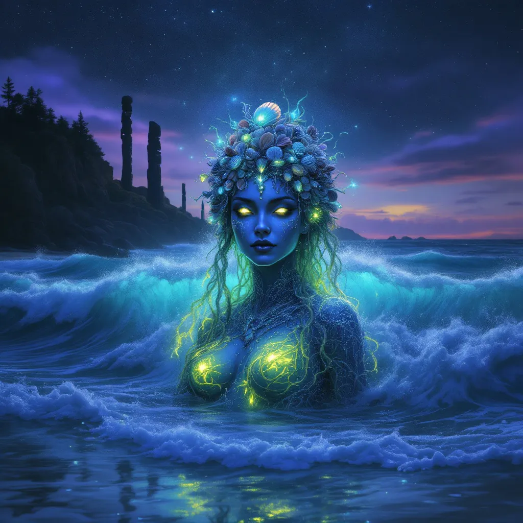 Prompt: 
A mystical, feminine spirit rises from the ocean at twilight, her body made of shimmering water and kelp, crowned with seashells and seafoam. Her eyes glow softly as she gazes toward the shore, protecting the Lafkenche people. Behind her, crashing waves glow with bioluminescence. On the shore, a line of driftwood totems stands like silent guardians. The sky is painted in indigo and deep violet hues, with stars reflecting in the waves.