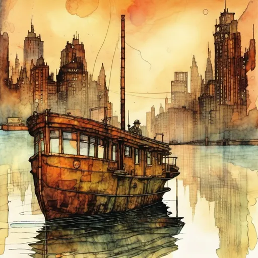 Prompt:  a boat on a lake in New York City,  Egon Schiele and Zdzisław Beksiński style illustration,
 watercolor, wet on wet,  shimmering, a futuristic steampunk city in the background, realistic image, detailed