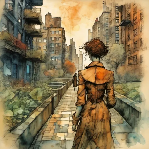 Prompt:  A beautiful woman walking in a garden in New York City,  Egon Schiele and Zdzisław Beksiński style illustration,
 watercolor, wet on wet,  shimmering, a futuristic steampunk city in the background, realistic image, detailed