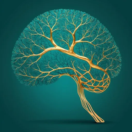 Prompt: tree branches growing in the shape of a side view human brain clearly outlined. No face  outlined. colour teal and gold with clearly defined branches. 
