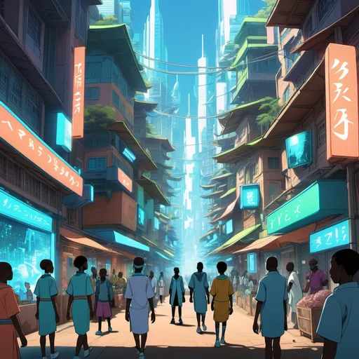 Prompt: Scene 2: The Present (Vibrant Traditional Anime)

A bustling African city blends traditional markets with tech holograms. Diverse characters collaborate in a bright, lively environment. Neon blues and greens glow, sunlight streams through futuristic yet cultural buildings.