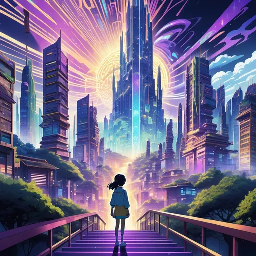 Prompt: Scene 3: The Future (Vibrant Traditional Anime)

A high-tech utopia with glowing skyscrapers adorned in tribal patterns. Nature thrives on terraces. A young innovator holds a holographic device; cosmic auroras blend with vibrant blues, purples, and golds.