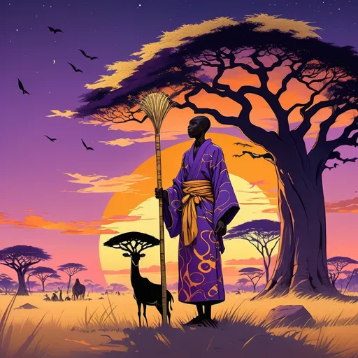 Prompt: Style 1: Vibrant Traditional Anime
Scene 1: The Past (Vibrant Traditional Anime)

Lush savannah with golden grass and baobab trees under a twilight sky. A figure in flowing African robes holds a glowing ancestral staff, spirits swirling around. Warm, vibrant hues blend with soft purples, evoking nostalgia and imagination.