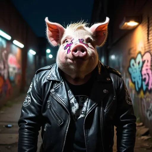 Prompt: (mean biker pig), (nose ring), (leather jacket), gritty atmosphere, dark tones, intense expression, urban background with graffiti walls, full moon night, neon lights, cinematic lighting, hyper-detailed, photorealistic, award-winning capture, 4K quality, epic, high contrast, main focus on pig, badass vibe, edgy, striking visual impact, menacing stance, rebellious aura