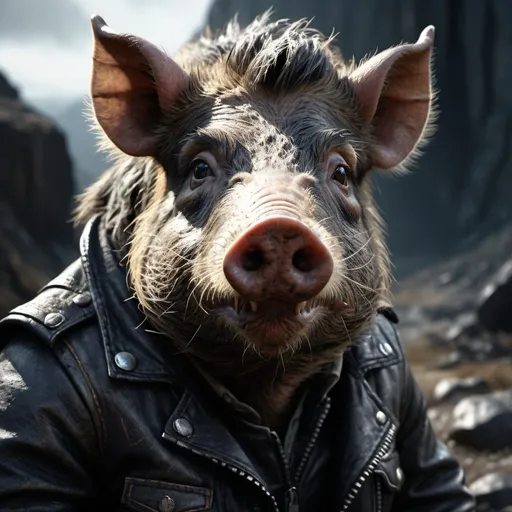 Prompt: hyper-realistic mean Boar wearing biker jacket and an eye patch