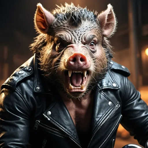 Prompt: an angry boar in a black biker jacket
