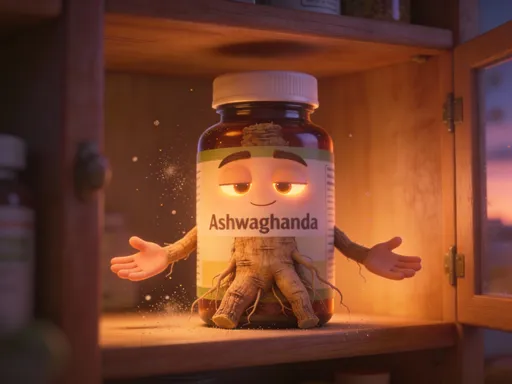 Prompt: 
Pixar-style 3D render of an ashwagandha root bottle standing confidently on a wooden shelf.

Eyes: soft, glowing, half-lidded with calm assurance

Eyebrows: gently curved, relaxed

Mouth: small knowing smile, peaceful

Arms: open-palmed, reassuring gesture

Scene: cozy medicine cabinet at dusk, warm amber light, floating dust particles, cinematic Pixar lighting that feels safe and grounding