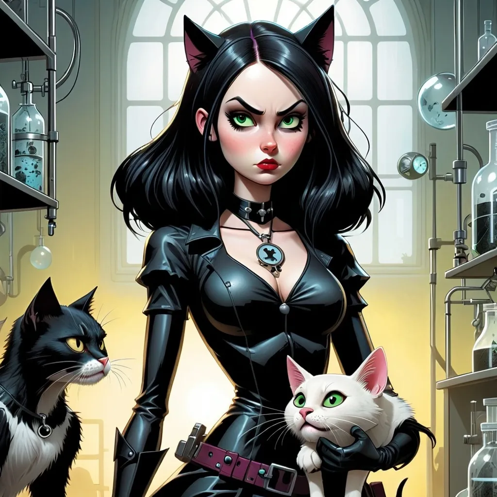 Prompt: Gothic heroine in comic book style with cat sidekick rescuing animals from a laboratory 