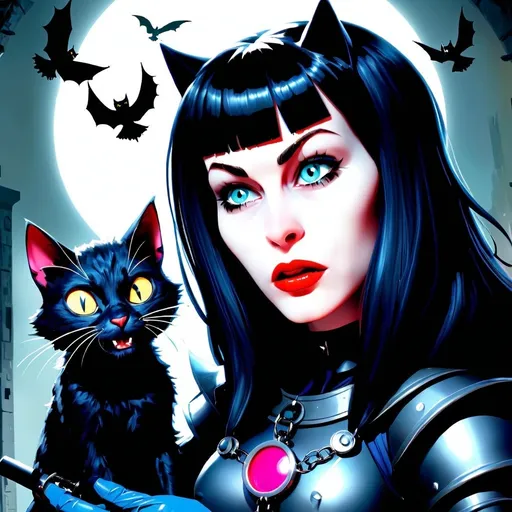 Prompt: Gothic heroine in comic book style with cat sidekick rescuing animals from a laboratory 