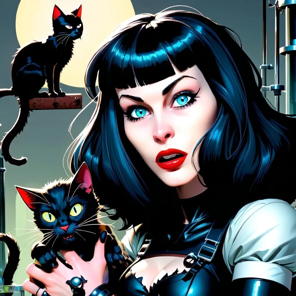 Prompt: Gothic heroine in comic book style with cat sidekick rescuing animals from a laboratory 