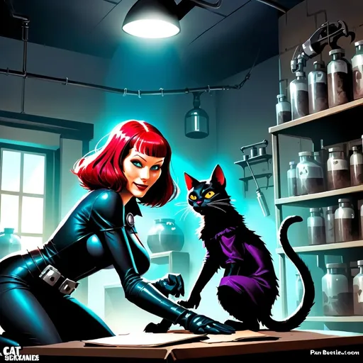 Prompt: Gothic heroine in comic book style with cat sidekick rescuing animals from a laboratory 