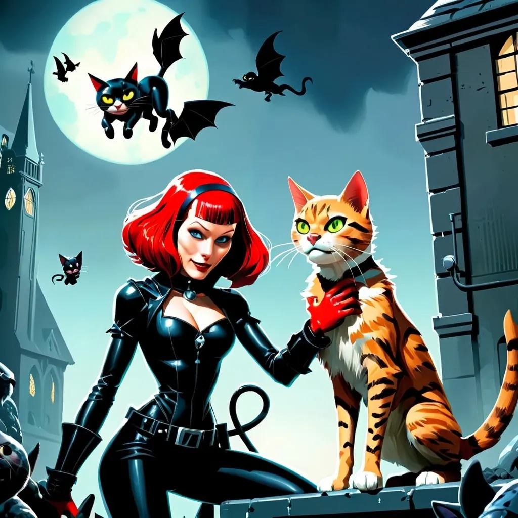 Prompt: Gothic heroine in comic book style with cat sidekick rescuing animals from a laboratory 