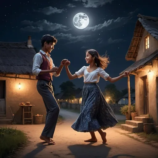 Prompt: An ordinary village boy dancing like a gentleman with a beautiful girl on a beautiful moonlit night