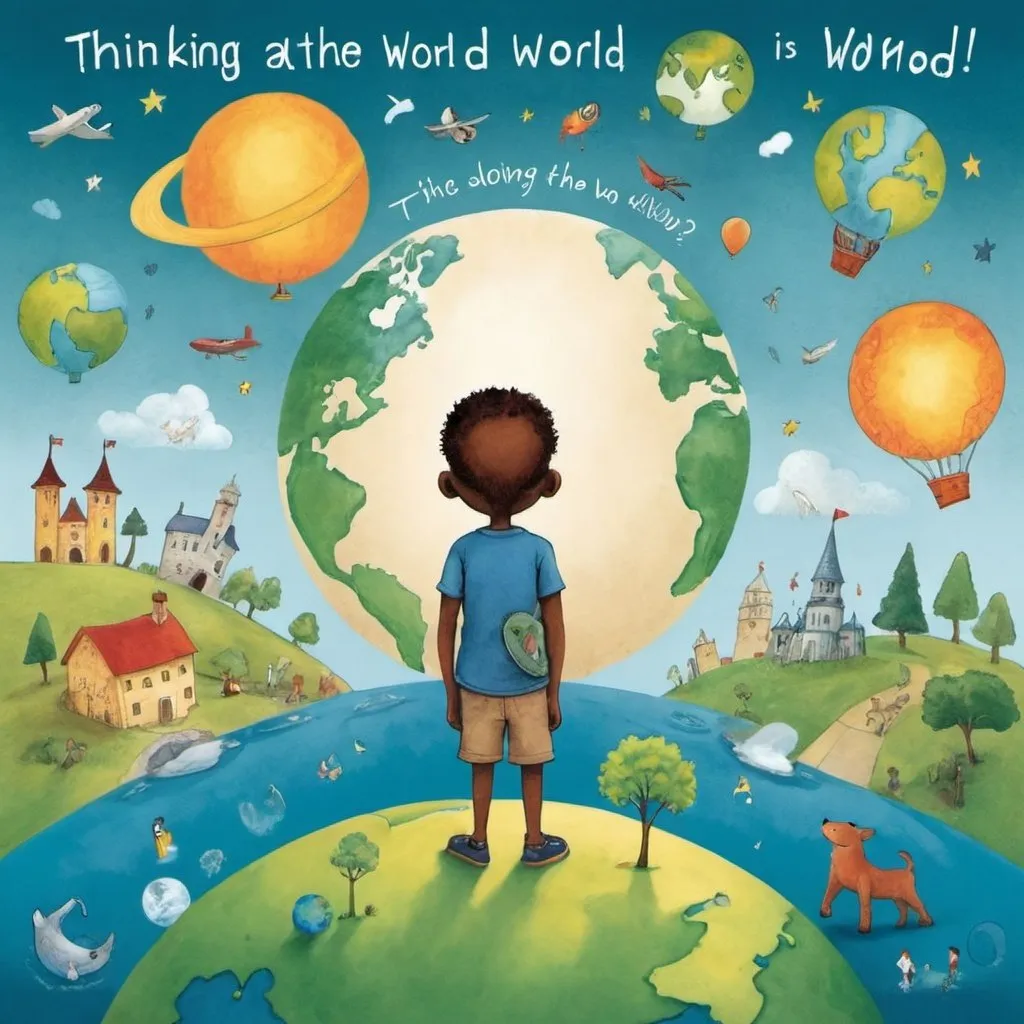 Prompt: Can you design a  poster for the children's book "Thinking about the World"?
