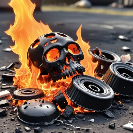 Prompt: A realistic image of plastic objects burnt, and melted on fire destruction that caused the end of the world
